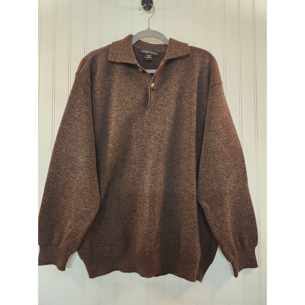 NEW Robert Banks Mens Brown 100% Merino Wool Polo Collar Sweater Size Large Cozy